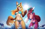 2018 accessory anthro big_breasts bikini breasts butterfly_clip canid canine clothing detailed_background digital_media_(artwork) dragon duo female fennec_fox fox hair_accessory hairclip kaiyonato legs_in_water mammal mythological_creature mythological_scalie mythology outside pacmaner100 partially_submerged scalie seaside shaded skiba613 spefides splash submerged_legs summer sun swimwear tail true_fox water