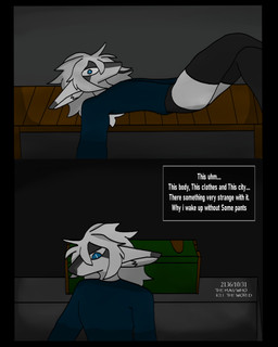 anthro black_clothing black_legwear blue_clothing blue_eyes blue_shirt blue_topwear box chair clothing container crate femboy furniture hair legwear male shirt solo text topwear underwear white_body white_hair raganlier mythology raganlier_(character) dragon mythological_creature mythological_scalie scalie 4:5 comic english_text hi_res