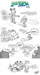 anthro black_and_white canid canine clothed clothing comic darkgargo_(artist) dart dialogue disguise disney ears_back ears_down english_text female fox hi_res judy_hopps lagomorph leporid love male male/female mammal monochrome nick_wilde open_mouth outside pivoted_ears rabbit red_fox running simple_background smile speech_bubble text tranquilizer true_fox white_background yelling zootopia