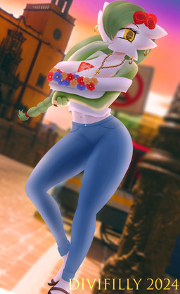 3_fingers accessory beads big_breasts blouse bottomwear braided_hair braided_ponytail breasts cleavage clothed clothing denim denim_bottomwear denim_clothing digit_ring ear_piercing ear_ring female fingers flower flower_in_hair footwear green_hair hair hair_accessory hair_over_eye jeans jewelry looking_at_viewer markings mexican midriff mole_(marking) mole_on_breast mole_under_eye pants piercing plant ponytail prayer_beads ring ring_piercing rosary sandals shoes smile smiling_at_viewer solo topwear wedding_ring yellow_eyes divifilly nintendo pokemon soledad_(atomic417) gardevoir generation_3_pokemon humanoid pokemon_(species) 2024 absurd_res hi_res signature