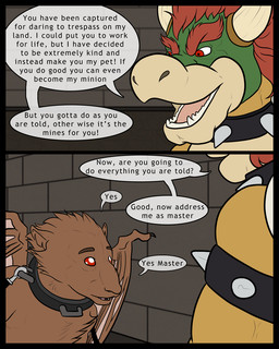 anthro armband black_border border bound brick brick_wall brown_body brown_fur collar dialogue duo fur hair horn male membrane_(anatomy) membranous_wings nude open_mouth red_eyes red_hair scales speech_bubble spiked_armband spiked_collar spikes teeth text wall_(structure) wings yellow_body yellow_scales alexgoneloco mario_bros nintendo bowser plaguerat_(character) bat koopa mammal scalie 2012 4:5 comic digital_media_(artwork) english_text