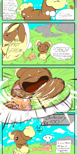 anthro attack brown_body duo fainted feral fight fur outside solo text thought_bubble yellow_body yellow_fur the_creacher nintendo pokemon buneary generation_1_pokemon generation_4_pokemon humanoid lopunny pokemon_(species) staraptor weedle absurd_res colored comic english_text hi_res