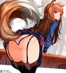 animal_ear_fluff animal_ears anus arm_support black_clothing black_legwear black_thigh_highs blue_clothing blue_dress brown_hair butt butt_focus clothed clothing clothing_lift dress dress_lift female genitals hair leaning leaning_forward legwear long_hair long_sleeves looking_at_viewer looking_back mouth_closed patreon_username pussy red_eyes smile solo tail thigh_highs upskirt wolf_ears wolf_tail likunea spice_and_wolf holo_(spice_and_wolf) animal_humanoid canid canid_humanoid canine canine_humanoid humanoid mammal mammal_humanoid wolf_humanoid hi_res