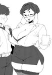 anthro belt big_breasts black_nose blush bodily_fluids bottomwear bra breasts businesswear choker cleavage clothed clothing clothing_pull collared_shirt curvy_figure dress_pants dress_shirt duo eyebrows eyelashes eyewear female floppy_ears fully_clothed glasses hair holding_glass holding_object huge_breasts jewelry legs_together legwear male miniskirt necklace necktie necktie_pull office_lady one_eye_closed open_mouth open_smile shirt short_hair simple_background skirt smile standing stockings sweat sweatdrop teeth thick_thighs thigh_highs topwear underwear voluptuous white_background wide_hips wink jxzuke mochi_(jxzuke) canid canine canis domestic_dog human mammal shiba_inu spitz 2025 hi_res monochrome