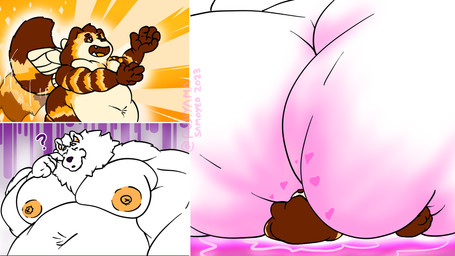 anthro barazoku begging belly belly_focus big_belly butt butt_focus butt_ripples butt_smother butt_squish confusion duo facesitting fur heart_symbol hyper male male/male micro moobs nude obese obese_anthro obese_male overweight overweight_anthro overweight_male simple_background sitting_on_another size_difference smothering squish tail tail_motion tailwag text white_body fujiyama_samoyed bumble_beans_(fujiyamasamoyed) fujiyama_kenhaku arthropod bee canid canine canis domestic_dog hybrid hymenopteran insect mammal nordic_sled_dog raccoon_dog samoyed spitz tanuki 16:9 comic digital_media_(artwork) english_text hi_res widescreen