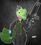 anthro assault_rifle bandage bandage_on_face bandage_on_nose belt black_clothing bulletproof_vest clothed clothing confident eyelashes female flower flower_accessory flower_on_head fully_clothed green_body green_clothing green_tail green_topwear green_vest grenade_launcher gun holding_gun holding_object holding_ranged_weapon holding_weapon holster jewelry looking_at_viewer necklace plant pokemorph pouches ranged_weapon rifle solo stealth_suit tail topwear utility_belt vest walking weapon weapon_on_back yellow_eyes ninjatreecko nintendo pokemon fern_shinamori generation_3_pokemon pokemon_(species) reptile scalie treecko hi_res portrait shaded three-quarter_portrait