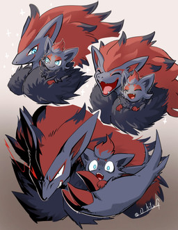 angry anthro blue_eyes brown_background claws duo evolutionary_family fangs feral finger_claws fur grey_body grey_fur hair long_hair neck_tuft open_mouth open_smile protective red_hair simple_background smile snout surprised teeth tuft o_hitu_g nintendo pokemon canid canine generation_5_pokemon mammal pokemon_(species) zoroark zorua hi_res shaded