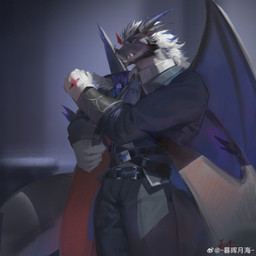 anthro beard biped black_beard black_bottomwear black_clothing black_facial_hair black_pants black_sclera black_topwear blue_horn blue_wings bottomwear clothed clothing facial_hair glistening glistening_eyes grey_body grey_horn hair horn male male_anthro membrane_(anatomy) membranous_wings mouth_closed pants red_eyes solo standing topwear white_body white_hair wings awaldkize mythology dragon mythological_creature mythological_scalie scalie 1:1 2025 absurd_res dated hi_res portrait three-quarter_portrait
