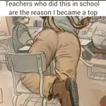 ambiguous_species anthro bent_over boots bottomwear butt butt_focus chair classroom clothed clothing english_text felid footwear furgonomic_bottomwear furgonomics furniture group hi_res khaki_pants leaning leaning_on_table lion male mammal meme pantherine pants school solo_focus tail tail_tuft teacher text tight_clothing trashtail tuft underwear_outline