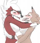 2018 after_kiss anthro anthrofied blush bodily_fluids breasts canid canine duo embrace eye_contact female female/female generation_7_pokemon hi_res kissing looking_at_another lycanroc mammal midday_lycanroc midnight_lycanroc nintendo nose_to_nose pokemon pokemon_(species) saliva saliva_string simple_background tongue tongue_out white_background xan_(pixiv)