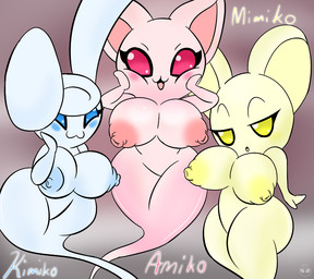 :3 anthro big_breasts blue_eyes blue_nipples blush breasts erect_nipples female group nipples pink_eyes wide_hips yellow_eyes yellow_nipples kirbot12 amiko kimiko mimiko domestic_cat felid feline felis ghost lagomorph leporid mammal mouse murid murine rabbit rodent spirit