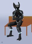 anthro bench biped chassis cybernetics fangs feet fingers glass glowing glowing_eyes grey_body lights machine male metal metallic_body nude plating robotic science_fiction simple_background sitting solo synthetic teeth tinkering toes visor teppo24 b4t android cyborg robot synth_(vader-san) digital_media_(artwork) hi_res