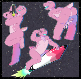 ambiguous_gender anthro bent_over breasts butt cosmic_background featureless_breasts featureless_crotch looking_at_viewer null on_one_leg one_eye_closed pencil_(object) pose presenting presenting_hindquarters riding_rocket rocket short_tail slightly_chubby slightly_chubby_anthro smoking_gun solo space space_background standing tail tongue tongue_out wink winking_at_viewer eclairscollection alien hi_res pinup female_(lore)