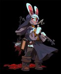 5_fingers anthro black_background blood bodily_fluids boots cigarette clothed clothing female fingers footwear fur half-closed_eyes looking_at_viewer looking_down mace melee_weapon narrowed_eyes nun red_eyes shoes simple_background smoke smoking solo weapon white_body white_fur niking bible nun_bun_(niking) lagomorph leporid mammal rabbit