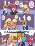 absurd_res anthro black_clothing black_shirt black_text black_topwear blonde_hair blue_clothing blue_shirt blue_topwear blush bunnybits clothing comic conditional_dnp countershading dialogue digital_media_(artwork) ears_down ears_up english_text fingerless_(marking) fur hair hi_res imminent_kiss kai_(kaibun) lagomorph leporid male male/male mammal monotone_clothing monotone_shirt monotone_topwear orange_hair pink_tongue pivoted_ears rabbit red_eyes red_hair robby_bunny shirt speech_bubble tan_body tan_ears tan_fur text tongue topwear young young_anthro young_on_young zac_heartfields zig_heartfields