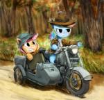 blue_body blue_fur clothed clothing duo female feral forest fur hair hat headgear headwear motorcycle multicolored_hair outside plant rainbow_hair sidecar tree vehicle anticularpony friendship_is_magic hasbro indiana_jones_(franchise) my_little_pony indiana_jones rainbow_dash_(mlp) scootaloo_(mlp) equid equine horse mammal pony 2014 absurd_res crossover hi_res huge_filesize