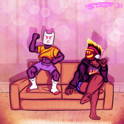 abs blonde_hair bottomwear clothing cozy duo feet female female/female footwear freckles furniture hair jacket machine muscular muscular_female not_furry shorts socks sofa topwear saminat terri_(saminat) tilly_(saminat) android humanoid monitor_head robot robot_humanoid 1:1 hi_res