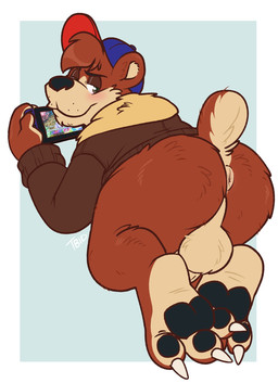 aged_up anthro anus balls blush bottomless butt clothed clothing electronics game_console genitals hat headgear headwear jacket looking_back male pawpads perineum solo topwear tbid disney ducktales ducktales_(2017) nintendo nintendo_switch talespin kit_cloudkicker bear mammal hi_res