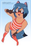 absurd_res animal_humanoid anthro blue_eyes blue_hair blush brand_new_animal brown_body brown_fur canid canid_humanoid canine canine_humanoid clothed clothing digital_media_(artwork) female fur hair hi_res humanoid keccubus leggings legwear mammal mammal_humanoid michiru_kagemori one-piece_swimsuit open_mouth procyonid procyonid_humanoid raccoon raccoon_dog raccoon_humanoid simple_background solo studio_trigger swimwear tail tanuki tanuki_humanoid tenga