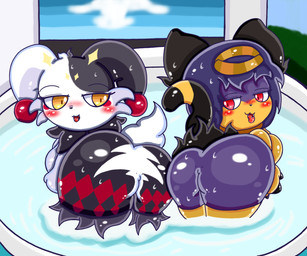 butt duo female aramatchan egyptian_mythology middle_eastern_mythology mythology palworld pocketpair sekhmet deity domestic_cat dupin_(pal) felid feline felis lagomorph leporid mammal pal_(species) rabbit sekhmet_(pal) 6:5 hi_res