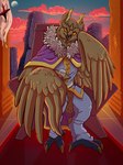 alcohol beverage brown_body brown_feathers chair claws feathers furniture male red_carpet smug smug_face sunset throne throne_room toe_claws wine yellow_eyes unknown_artist fist_of_the_north_star shin_(b-mashina) avian bird hybrid owl 3:4 hi_res