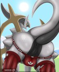 absurd_res anus arceus balls butt clothing generation_4_pokemon genitals hi_res jockstrap legendary_pokemon looking_back male nintendo pokeball pokemon pokemon_(species) presenting presenting_hindquarters sinersedi solo tail text underwear white_body