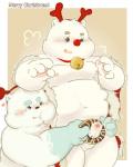 anthro balls belly blue_body blue_fur blush dessert doughnut duo erection food fur genitals holiday_message holidays humanoid_hands male moobs navel nipples overweight overweight_male pastry penis text white_body white_fur young awa_awa christmas bear mammal 2019 4:5 english_text hi_res