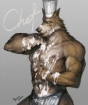 5_fingers abs anthro black_nose brown_body brown_fur chef chef_hat clothed clothing fingers fur grey_background hand_on_belly hat headgear headwear licking licking_lips licking_own_lips looking_aside looking_at_viewer male messy muscular muscular_anthro muscular_male nipples self_lick simple_background skimpy solo text tongue tongue_out topless nick300 canid canine canis mammal wolf 2010 english_text