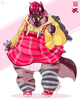 4_fingers anthro backpack breasts brown_body brown_ears brown_fur brown_nose brown_sclera brown_stripes brown_tail clean_diaper clothed clothing colored_nails curly_hair diaper dress ear_piercing fangs female fingernails fingers footwear fur grey_clothing grey_footwear grey_legwear grey_socks grey_thigh_highs grey_thigh_socks hair head_horn heart_symbol holding_backpack hoodie horn legwear logo nails overalls pattern_clothing pattern_dress pattern_footwear pattern_legwear pattern_socks pattern_thigh_highs pattern_thigh_socks piercing pink_clothing pink_dress pink_fingernails pink_footwear pink_hair pink_horn pink_nails pink_shoes plaid plaid_clothing plaid_dress qr_code sabertooth_(anatomy) shoes simple_background socks solo standing star_ear_piercing striped_clothing striped_footwear striped_legwear striped_socks striped_thigh_highs striped_thigh_socks stripes tail tan_inner_ear teeth thigh_highs thigh_socks three-quarter_view topwear wearing_diaper wetness_indicator yellow_clothing yellow_hoodie yellow_topwear zipper lilchu godzilla_(series) mythology toho bri_(kalash) godzilla canid canid_demon canine demon hellhound hyena mammal mythological_canine mythological_creature 2021 4:5 artist_logo full-length_portrait hi_res portrait signature