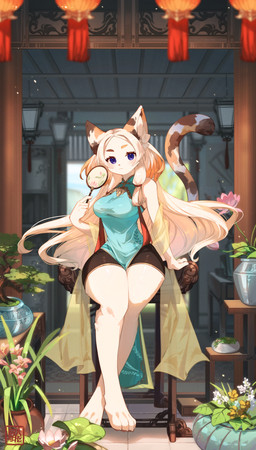 5_fingers :< accessory amazing_background anthro asian_clothing barefoot biped black_bottomwear black_clothing black_shorts blue_clothing blue_dress blue_eyes blue_pupils blush bonsai bottomwear breasts brown_body brown_ears brown_fur brown_tail chair chinese_clothing chinese_dress claws clothed clothing curvy_figure day detailed_background dress east_asian_clothing eyelashes feet female female_anthro fingers flower front_view fully_clothed fur furniture glistening glistening_eyes hair hair_accessory hand_fan highlights_(coloring) hindpaw holding_fan hourglass_figure humanoid_hands inner_ear_fluff inside kemono lamp lantern light long_hair long_legs long_tail looking_at_viewer medium_breasts multicolored_body multicolored_ears multicolored_fur multicolored_hair multicolored_tail orange_body orange_ears orange_fur orange_hair orange_highlights orange_tail paper_lantern pawpads paws pelvic_curtain pink_nose pink_pawpads plant plant_pot potted_plant pupils sash shelf shorts sitting small_waist solo sunlight tail tassels toe_claws translucent translucent_clothing tree tuft two_tone_hair white_body white_claws white_ears white_fur white_hair white_inner_ear white_inner_ear_fluff white_tail wide_hips kawarage_yatano calico_cat domestic_cat felid feline felis mammal 2023 absurd_res colored detailed digital_media_(artwork) full-length_portrait hi_res lighting portrait shaded signature