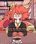 5_fingers anthro beverage clothing coffee date_pov english_text fingers generation_5_pokemon hair hi_res lewdchuu_(artist) male meme necktie nintendo pink_eyes pokemon pokemon_(species) red_body red_hair serperior sitting smile solo suit tail text what_do_i_say_he's_so_cute