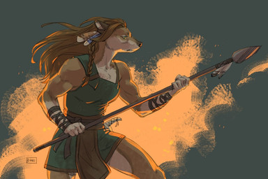 abstract_background anthro biped braided_hair clothing female fur hair holding_object holding_weapon melee_weapon muscular muscular_anthro muscular_female polearm sash shirt simple_background solo spear topwear tunic weapon skitalets canid canine mammal