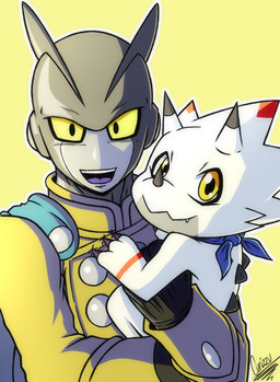 anthro cape claws clothing duo horn hug kerchief machine male size_difference superhero curizzu_1311 bandai_namco digimon digimon_ghost_game dragon_ball dragon_ball_super gamma_no.2 android digimon_(species) gammamon humanoid robot scalie absurd_res hi_res