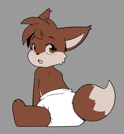 ambiguous_gender anthro blush blush_lines brown_body brown_fur brown_nose brown_tail clean_diaper clothed clothing diaper diaper_only dipstick_tail fur grey_background head_tuft looking_back markings multicolored_body multicolored_fur neonate open_mouth simple_background sitting snaggle_tooth solo tail tail_markings tan_body tan_fur tan_inner_ear tan_sclera tan_tail tan_tail_tip topless tuft two_tone_body two_tone_fur wearing_diaper white_diaper young young_anthro bubblepuppers chris_(babychrisfox) canid canine fox mammal absurd_res hi_res