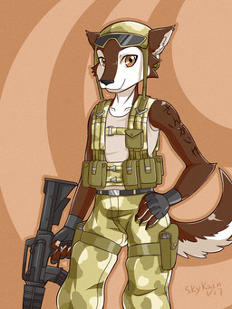 5_fingers abstract_background anthro armor assault_rifle athletic athletic_anthro athletic_male belt black_clothing black_fingerless_gloves black_gloves black_handwear black_nose bottomwear brown_background brown_body brown_eyes brown_fur brown_tail camo camo_bottomwear camo_clothing camo_pants camo_print claws clothed clothing collarbone eyewear fingerless_gloves fingers front_view fully_clothed fur gloves goggles green_bottomwear green_clothing green_helmet green_pants grey_clothing grey_shirt grey_tank_top grey_topwear gun hand_on_hip handwear headgear helmet holding_object holding_ranged_weapon holding_weapon leg_strap looking_at_viewer m4 male military multicolored_body multicolored_fur orange_background pants pattern_bottomwear pattern_clothing pattern_pants ranged_weapon rifle shirt simple_background smile snout soldier solo standing tail tank_top tattoo text thigh_holster topwear two_tone_body two_tone_fur two_tone_tail warrior weapon white_body white_fur white_tail skykain canid canine canis domestic_dog husky mammal nordic_sled_dog spitz 2011 3:4 english_text hi_res japanese_text portrait three-quarter_portrait