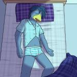 1:1 anthro avian bed bird bluebird bulge clothing furniture fuze hi_res josh_oliver male oscine passerine pattern_clothing pattern_underwear pillow sleeping solo striped_clothing striped_underwear stripes texnatsu thrush_(bird) underwear