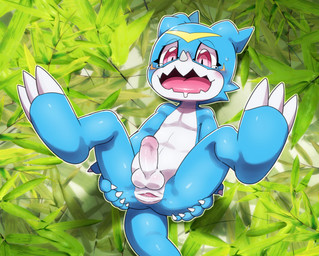 anus balls blue_body blush claws erection foreskin genitals humanoid_genitalia humanoid_penis legs_up male open_mouth penis solo spread_anus spreading toe_claws tongue unretracted_foreskin ofuro bandai_namco digimon digimon_(species) veemon