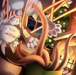 anthro christmas_tree clenched_teeth detailed_background duo female fire fireplace fur furnace holidays kemono pawpads paws plant sex silhouette teeth tentacle_sex tentacles tree white_body white_fur window ame_kitsune christmas santa_claus felid feline mammal tentacle_creature 2021 hi_res
