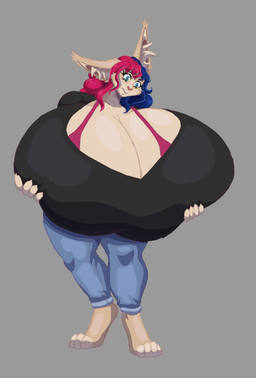 4_toes 5_fingers anthro big_breasts black_eyebrows black_hair blue_eyes bottomwear bra breasts clothed clothing confusion eyebrows feet female fingers fur grey_background hair holding_breast huge_breasts hyper hyper_breasts inner_ear_fluff multicolored_body multicolored_fur multicolored_hair pants pink_hair pink_nose shirt simple_background solo standing tan_body tan_claws tan_fur tan_inner_ear_fluff toes topwear tuft underwear autumnmelody domestic_cat felid feline felis hybrid lagomorph leporid mammal rabbit absurd_res hi_res shaded