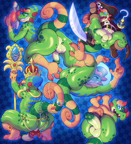 anthro anus backsack balls blue_body blue_eyes blue_scales butt circumcised claws crouching crown cutlass erection flaccid furgonomic_piercing furgonomics genitals green_body green_scales grin gun half-erect handgun headgear hook hook_hand horn horn_piercing humanoid_genitalia humanoid_penis jewelry looking_at_viewer male melee_weapon multicolored_body multicolored_scales orange_body orange_scales penis piercing pirate_hat pistol presenting presenting_penis raised_leg ranged_weapon red_claws scales simple_background smile solo staff sword tail weapon gerrkk nevos chameleon lizard reptile scalie 2021 absurd_res digital_drawing_(artwork) digital_media_(artwork) hi_res
