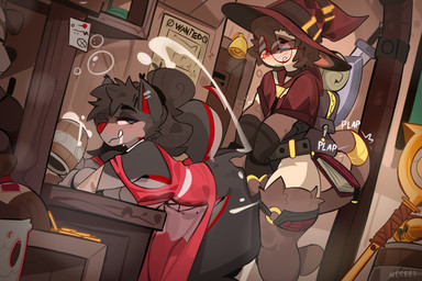 alcohol ambiguous_penetration anthro anthro_on_anthro anthro_penetrated anthro_penetrating anthro_penetrating_anthro apron apron_only beer beer_mug bent_over beverage black_hair blush breasts brown_body brown_fur bubble clothing cum_spurt detailed_background drunk drunk_bubble drunk_sex duo eyewear female female_penetrated fur glasses hair hat headgear headwear interspecies male male/female male_penetrating male_penetrating_female penetration round_glasses sex staff substance_intoxication tavern wanted_poster wearing_glasses witch_hat neceet fio_(marcus_gray) canid canine domestic_cat felid feline felis mammal hi_res