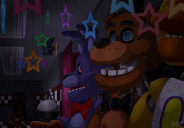 anthro beak bib black_nose blood bodily_fluids brown_body camera electric_guitar electronics female freckles group guitar holding_object looking_at_viewer machine male metal microphone musical_instrument open_mouth plucked_string_instrument purple_body ribbons string_instrument teeth yellow_body snazzamazing five_nights_at_freddy's scottgames bonnie_(fnaf) chica_(fnaf) freddy_(fnaf) golden_freddy_(fnaf) animatronic avian bear bird chicken galliform lagomorph leporid mammal phasianid rabbit robot hi_res