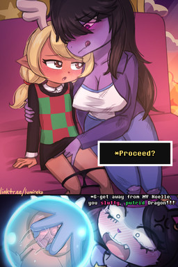 2_horns anthro antlers big_breasts biped black_clothing black_nose black_panties black_underwear blonde_hair blush blush_lines bodily_fluids breasts brown_body brown_fur cleavage clitoris clothed clothed_sex clothing cross-popping_vein crystal_ball dialogue dripping duo eyebrows female female/female fingering fingering_partner fur genital_fluids genitals hair heart_pupils heart_symbol horn humanoid_genitalia humanoid_vulva interspecies jacket larger_female licking licking_lips licking_own_lips long_hair looking_at_another looking_at_object looking_at_partner looking_pleasured medium_hair open_mouth panties panties_down partially_clothed peeping public public_sex purple_body purple_scales scales sex shirt sitting size_difference smaller_female solo speech_bubble spread_vulva spreading stealth_sex tears teeth tongue tongue_out topwear two_panel_image underwear underwear_down vaginal vaginal_fingering vaginal_fluid_drip vaginal_fluids voyeur vulva white_body white_clothing white_fur white_shirt white_topwear young young_anthro young_female young_on_young lumineko deltarune undertale_(series) catti_cattenheimer noelle_holiday susie_(deltarune) deer domestic_cat felid feline felis mammal new_world_deer reindeer reptile scalie 2026 2:3 alternate_version_at_source censored_version_at_source multiple_scenes