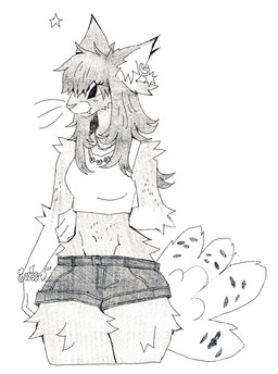 anthro arm_tuft bangs black_eyes bottomwear bracelet breasts clothed clothed_anthro clothed_female clothing crop_top denim denim_bottomwear denim_clothing denim_shorts ear_piercing ear_ring elbow_tuft feathered_tail feathers female fully_clothed fully_clothed_anthro fully_clothed_female jewelry leg_tuft navel necklace piercing ring_piercing shirt shorts shoulder_tuft simple_background smile solo tail topwear tuft whiskers white_background thorn_paw felid feline mammal 2025 digital_drawing_(artwork) digital_media_(artwork) hi_res monochrome portrait three-quarter_portrait