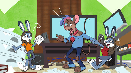 after_transformation anthro breasts clothed clothing computer electronics female group male monitor twinning trevor-fox malkai_(malkaiwot) trevor-fox_(character) house_mouse lagomorph leporid mammal mouse murid murine rabbit rodent 16:9 widescreen
