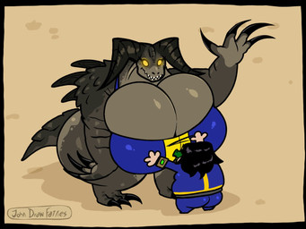 anthro back_spikes big_breasts big_claws big_horn blood bodily_fluids bottomless breast_focus breast_fondling breast_grab breast_play breasts brown_body brown_scales bulging_breasts butt cartoon_gore claws cleavage cleavage_overflow clothed clothing curved_horn death duo empty_eyes fangs female female/female fondling glowing glowing_eyes hand_on_breast high-angle_view horn huge_breasts huge_hips humor hyper hyper_breasts killing larger_female pip-boy scales sharp_teeth shirt shirt_only size_difference smaller_female spikes spikes_(anatomy) tail teeth topwear topwear_only vault_suit wide_hips yellow_eyes johndrawfatties sound_warning among_us fallout innersloth microsoft fan_character lucy_the_deathclaw deathclaw reptile scalie 2026 2d_animation 4:3 animated digital_media_(artwork) frame_by_frame short_playtime signature sound video