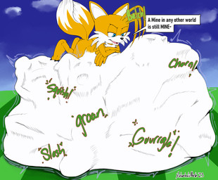abdominal_bulge anthro anthro_pred anthro_prey blue_eyes body_outline dialogue digestion field fur group human_prey male male_pred male_prey multiple_prey narrowed_eyes onomatopoeia rumbling_stomach size_difference smug sound_effects struggling struggling_prey text unwilling_prey vore yellow_body yellow_fur young young_pred melancholicmash sega sonic_the_hedgehog_(series) miles_prower avali avian bird canid canine corvid fox human jay_(bird) mammal oscine passerine 2023 colored english_text hi_res watermark