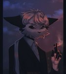 anthro cigarette cigarette_holder cigarette_smoke clothing fur hair looking_at_viewer male maxfresnel moon night piercing sky smoke smoking solo star max_fresnel felid feline mammal digital_media_(artwork) half-length_portrait hi_res portrait