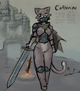 anthro armor blind_eye breasts brown_body campfire castle casual_exposure casual_nudity cloak clothing exhibitionism eye_scar facial_scar female fire genitals green_eyes holding_melee_weapon holding_object holding_sword holding_weapon looking_at_viewer melee_weapon mostly_nude navel nipples scar shield shoulder_guards solo sword tail text vulva weapon alexleviafan dark_souls fromsoftware domestic_cat felid feline felis mammal digital_media_(artwork) english_text