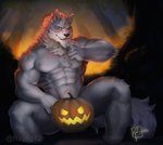 2020 5_fingers abs absurd_res anthro biceps biped black_nose canid canine canis detailed_background fingers food forest fruit fur grey_body grey_fur grey_tail halloween hi_res holidays humanoid_hands jack-o'-lantern law_(sdorica) male mammal multicolored_body multicolored_fur muscular muscular_anthro muscular_male navel night nude one_eye_closed outside pecs plant pubes pumpkin raytig12 sdorica signature solo spread_legs spreading tail tree two_tone_body two_tone_fur white_body white_fur wolf yellow_eyes
